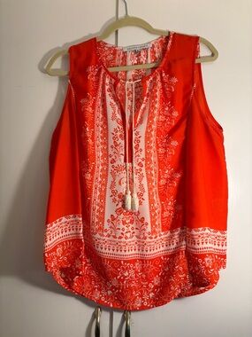 Collective Concepts Orange and White Floral Tie-Front Sleeveless Top